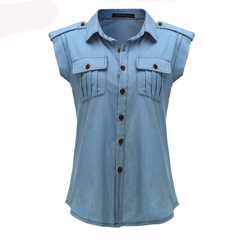Women Fashion Vintage Buttons Pockets Blouses Sleeveless Jeans Denim Blue Shirts Female Casual Tops