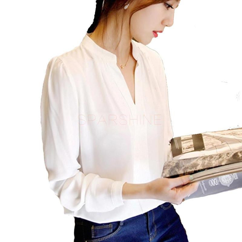 Womens Long Sleeve White Elegant Chiffon Blouse Shirt Ladies V-Neck Blouses Female Office Plus Size