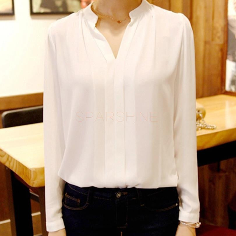 Womens Long Sleeve White Elegant Chiffon Blouse Shirt Ladies V-Neck Blouses Female Office Plus Size