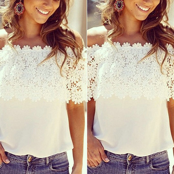 Online discount shop Australia - Fashion  Lace Crochet Off Shoulder Chiffon Shirt Casual Tops Blouse