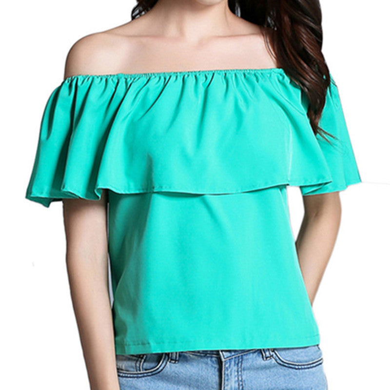 Plus Size Off Shoulder Women Chiffon Ruffles blouses shirts Slash Neck Loose Casual Female Ladies tops