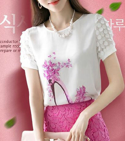 Women Fashion print Short Sleeve Diamonds Blouses Shirts Casual Chiffon Flower 89J 30