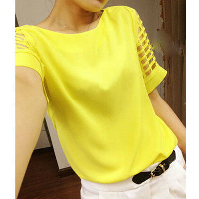 Fashion plus size Women Chiffon Blouses shirts O Neck Hollow out Short sleeve Solid Casual ladies Tops