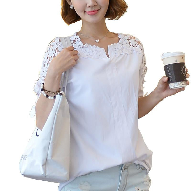 Women Blouse Loose Cotton Embroidered Hollow-Out Lace Stitching Chiffon Shirt White Tops Plus Size