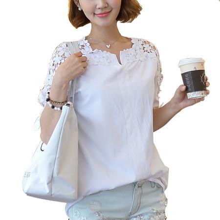 Women Blouse Loose Cotton Embroidered Hollow-Out Lace Stitching Chiffon Shirt White Tops Plus Size