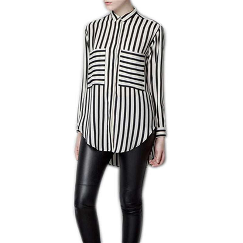 Online discount shop Australia - Lady Chiffon Blouse Tops Long Sleeve Vertical Striped Button Down Shirt S M L