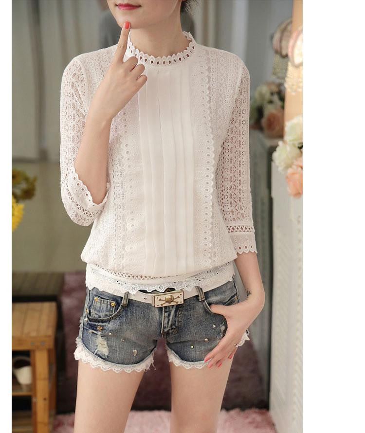 women casual white lace blouse fashion sexy 3/4 sleeve stand collar crochet tops shirt clothes A633