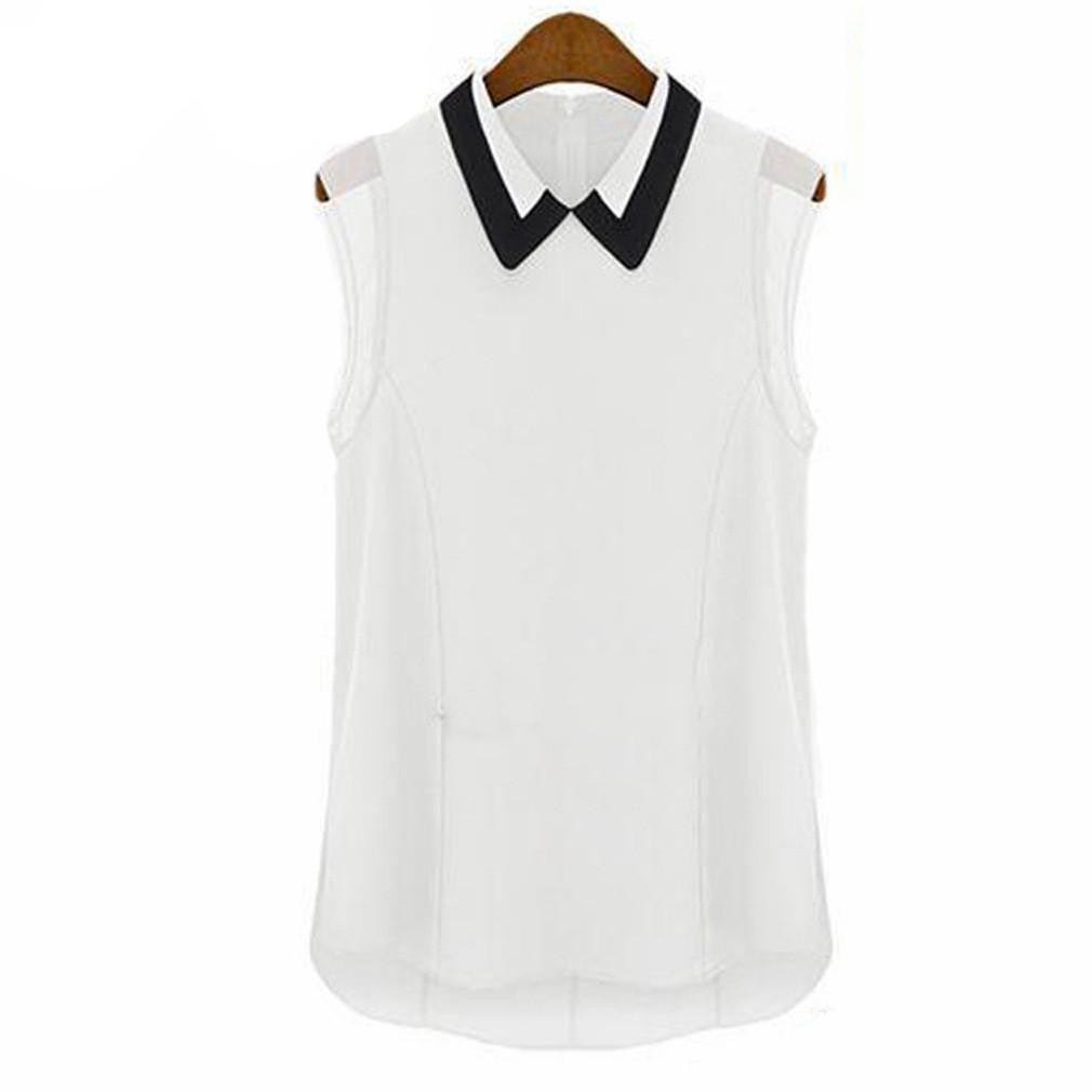 solid color Women Sleeveless Chiffon shirt Tops Shirts Blouses Style Turn-down collar