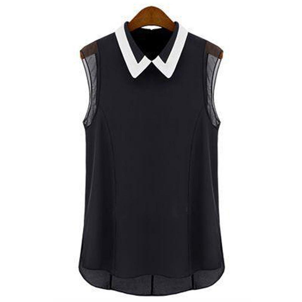 solid color Women Sleeveless Chiffon shirt Tops Shirts Blouses Style Turn-down collar