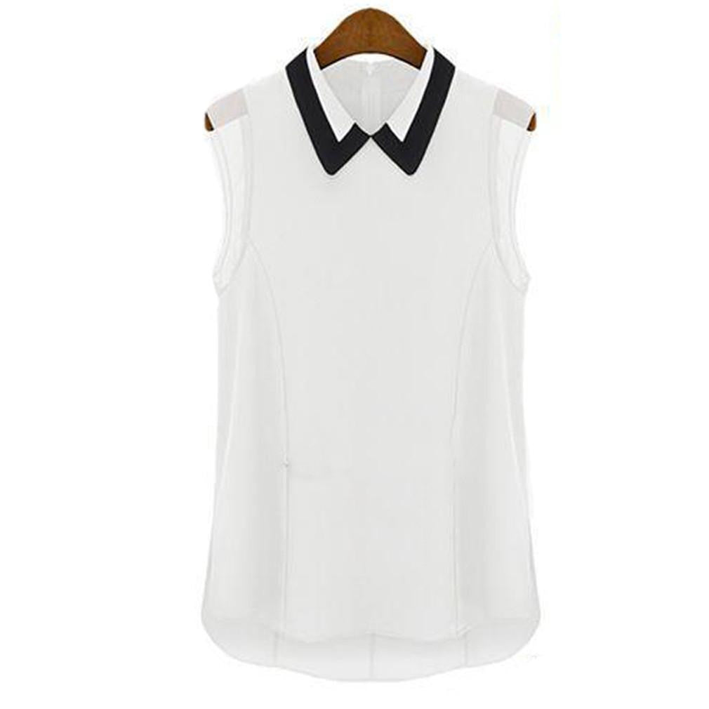 solid color Women Sleeveless Chiffon shirt Tops Shirts Blouses Style Turn-down collar