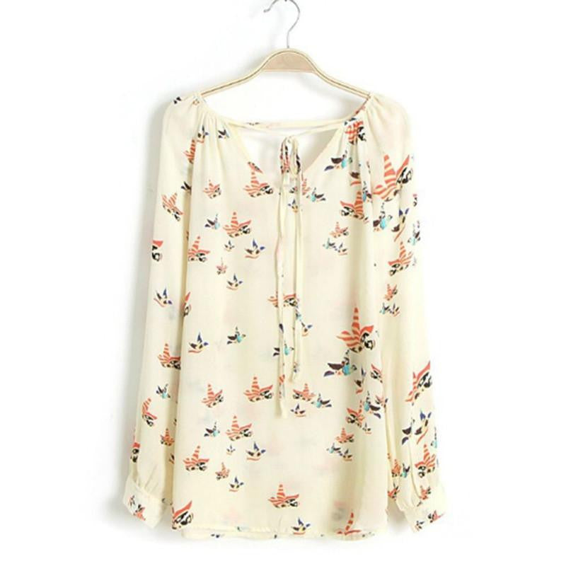 Women Tops Fashion Chiffon Floral Print Blouse Long Sleeve Tops Casual Shirts