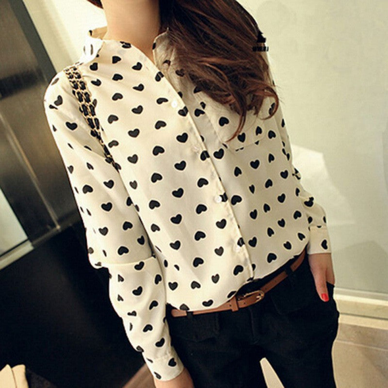 Retro Vintage Women's Chiffon Button Down Blouse Heart Print Casual Shirt