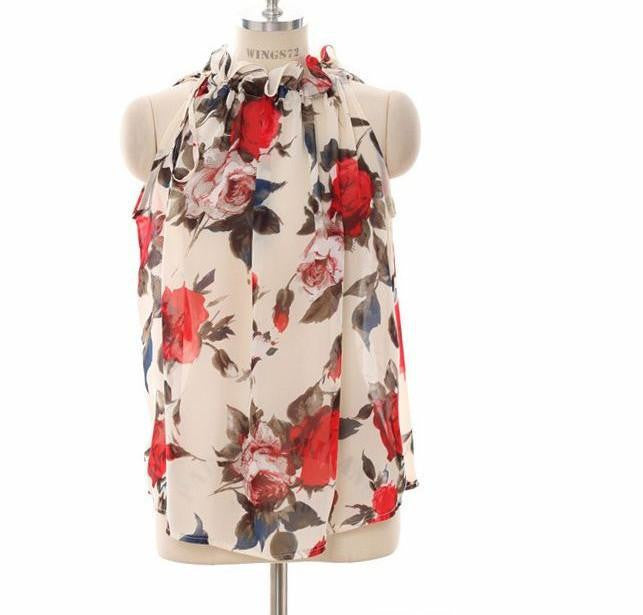 Online discount shop Australia - Add Two Colors Women Shirts European  Flowers Print Halter Sleeveless Ruffled Neck Blouse Women Elegant Tops T57240