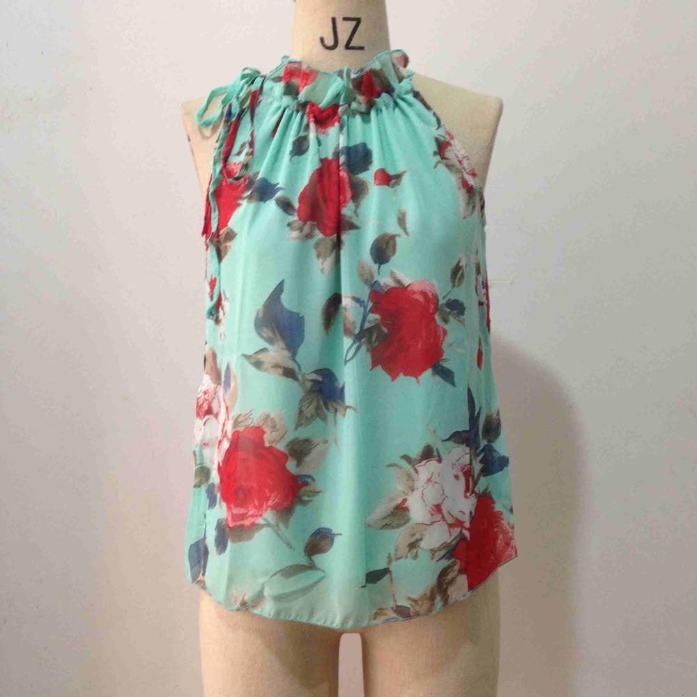 Online discount shop Australia - Add Two Colors Women Shirts European  Flowers Print Halter Sleeveless Ruffled Neck Blouse Women Elegant Tops T57240
