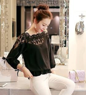 Online discount shop Australia - Chiffon Shirt Newest Sweet Hollow Shirt Three Quarter Sleeve Stitching Lace Blouse Female Crop Top Sexy