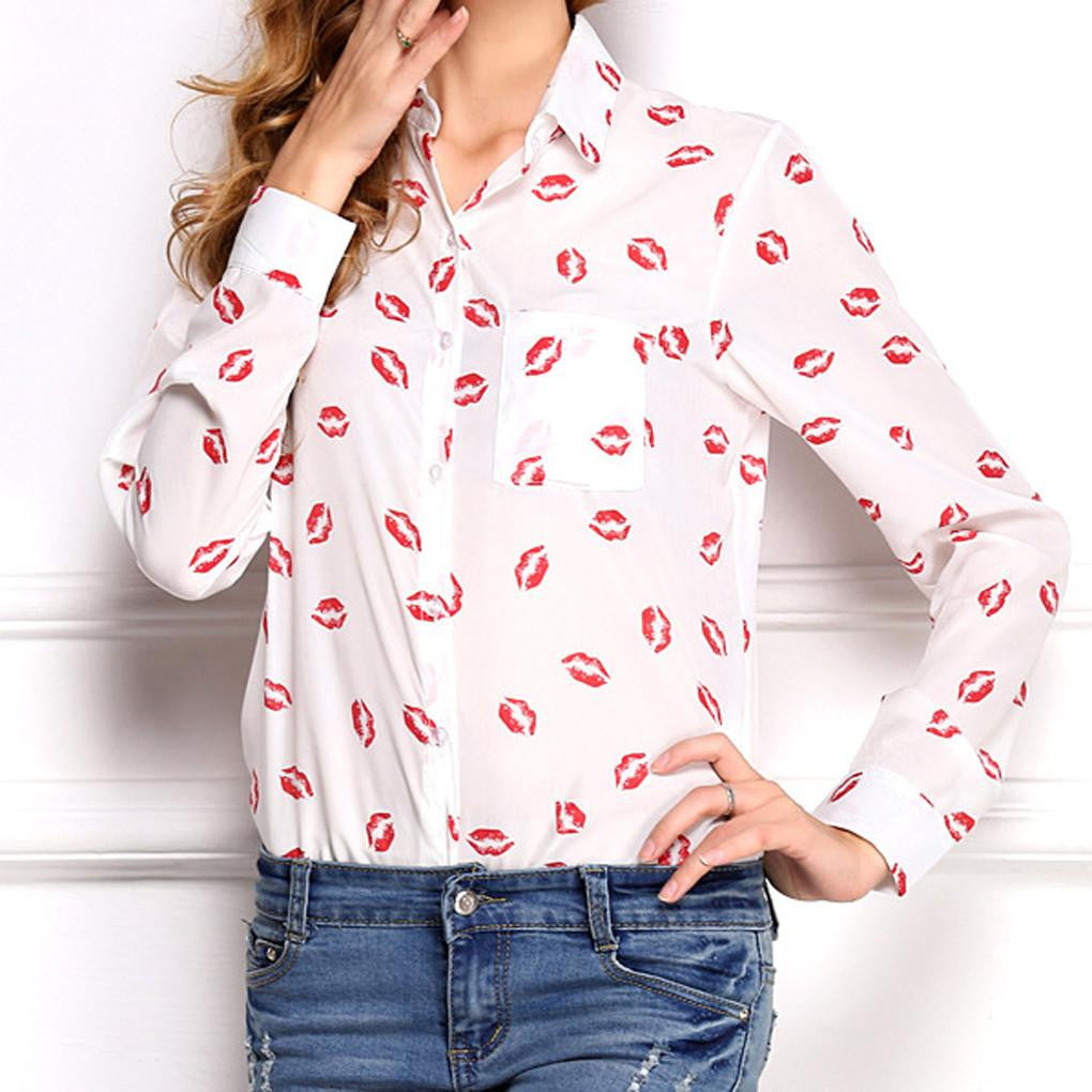 Woman Lapel Long Sleeve Shirt Printing Chiffon Shirts Tops 11 Pattern blouses