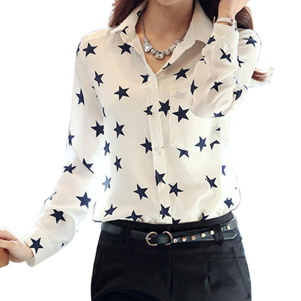 Woman Lapel Long Sleeve Shirt Printing Chiffon Shirts Tops 11 Pattern blouses