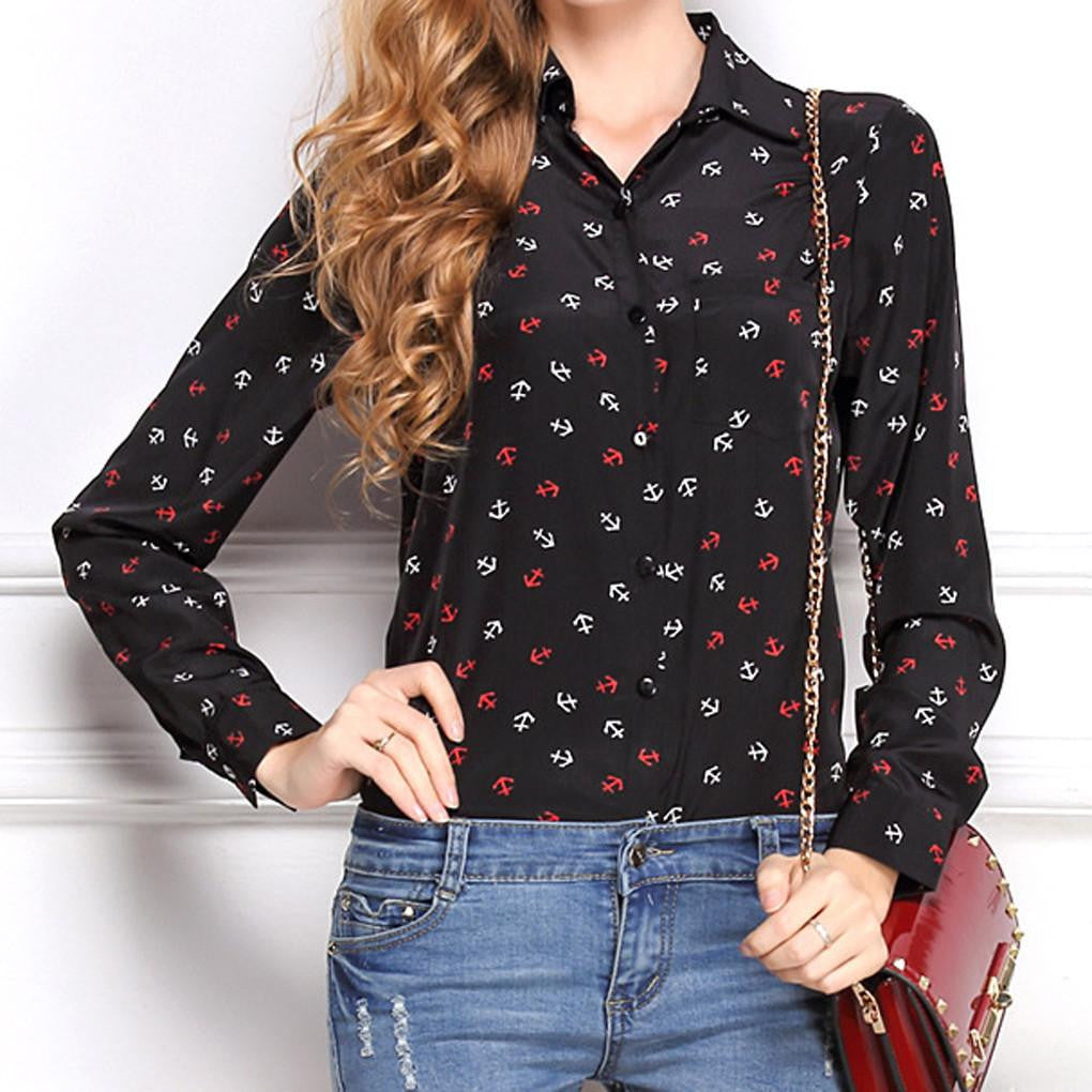 Woman Lapel Long Sleeve Shirt Printing Chiffon Shirts Tops 11 Pattern blouses