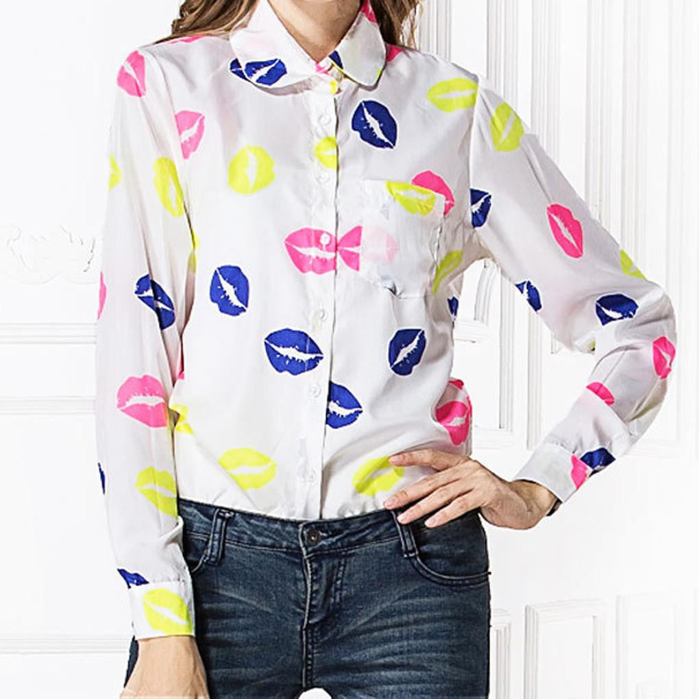 Woman Lapel Long Sleeve Shirt Printing Chiffon Shirts Tops 11 Pattern blouses