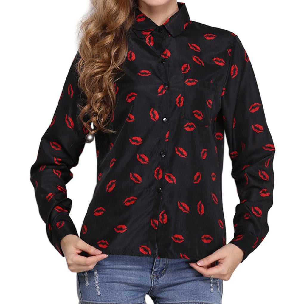 Woman Lapel Long Sleeve Shirt Printing Chiffon Shirts Tops 11 Pattern blouses