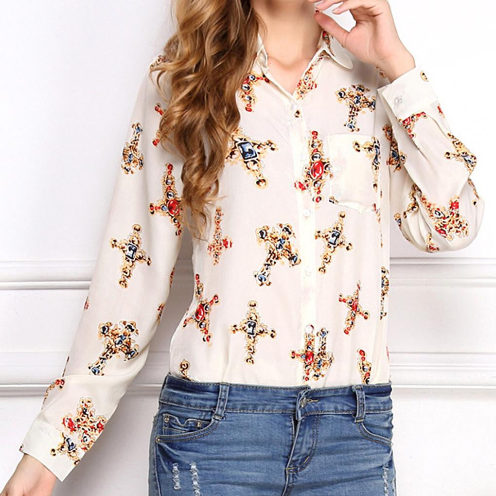 Woman Lapel Long Sleeve Shirt Printing Chiffon Shirts Tops 11 Pattern blouses