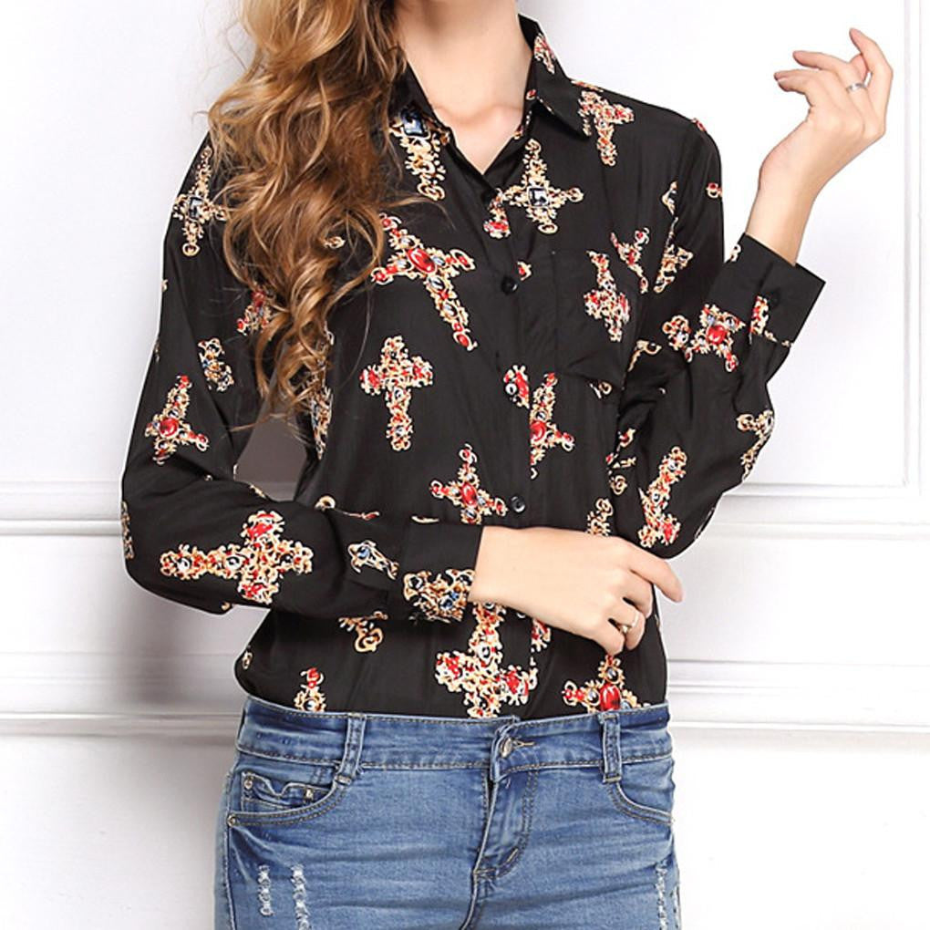 Woman Lapel Long Sleeve Shirt Printing Chiffon Shirts Tops 11 Pattern blouses