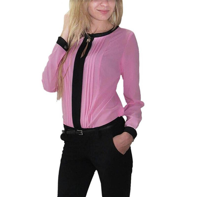 Women Long Sleeve Shirt Chiffon Pleated Patchwork Office Blouses Tops