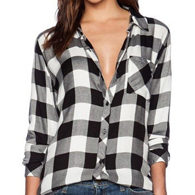 Women Casual Blouse Plaid Shirt Loose Cotton blouse Women Long Sleeve Blouse Check Shirt Leisure Black And White 41