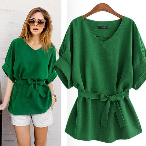 Women Blouses Solid Color V-neck Short Sleeve Loose Casual Ladies Tops with Belt