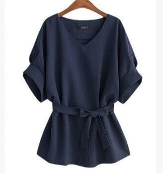 Women Blouses Solid Color V-neck Short Sleeve Loose Casual Ladies Tops with Belt