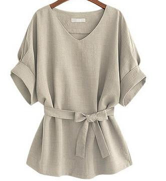 Women Blouses Solid Color V-neck Short Sleeve Loose Casual Ladies Tops with Belt