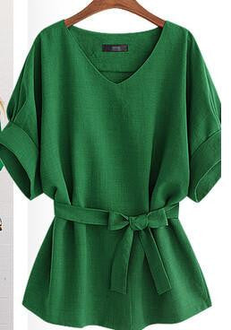 Women Blouses Solid Color V-neck Short Sleeve Loose Casual Ladies Tops with Belt