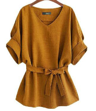 Women Blouses Solid Color V-neck Short Sleeve Loose Casual Ladies Tops with Belt