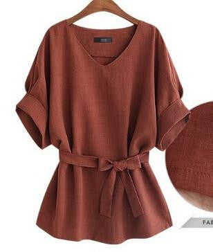 Women Blouses Solid Color V-neck Short Sleeve Loose Casual Ladies Tops with Belt