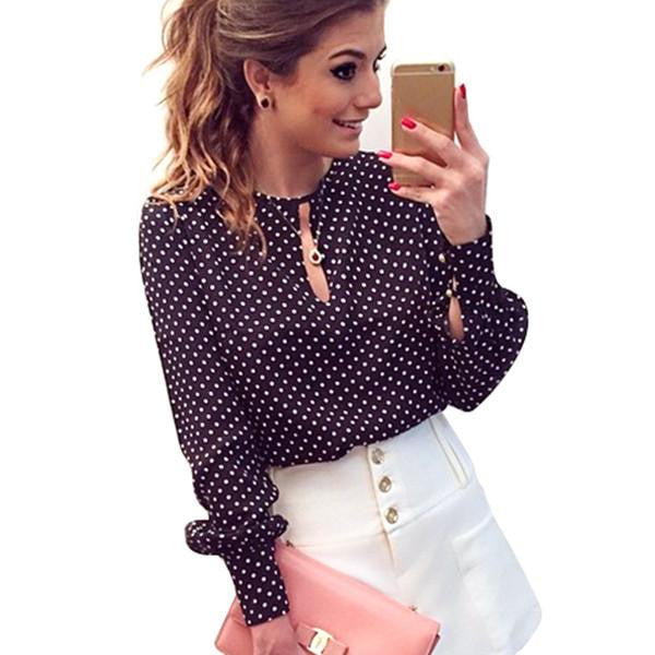 Women Casual Long Sleeve Blouses Chiffon Polka Dots Shirt Tops Fashion On