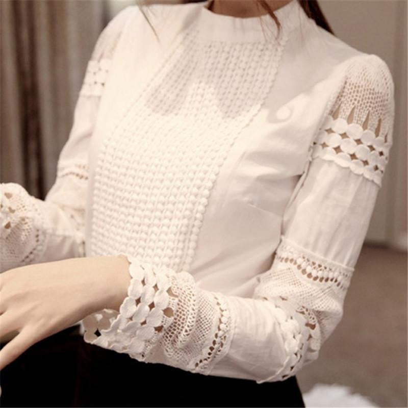 Online discount shop Australia - Fashion  Women Blouse Elegant Long Sleeve White Cotton Slim Crochet Hollow Lace Shirt Female
