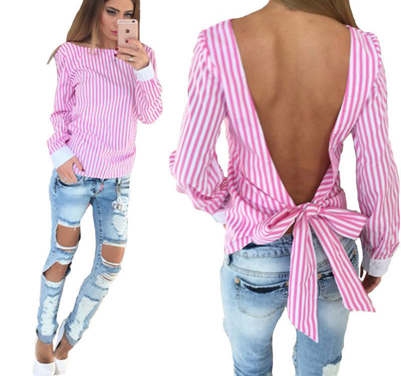 Blue striped long sleeve women blouses Pink backless with Bow ladies sexy shirts