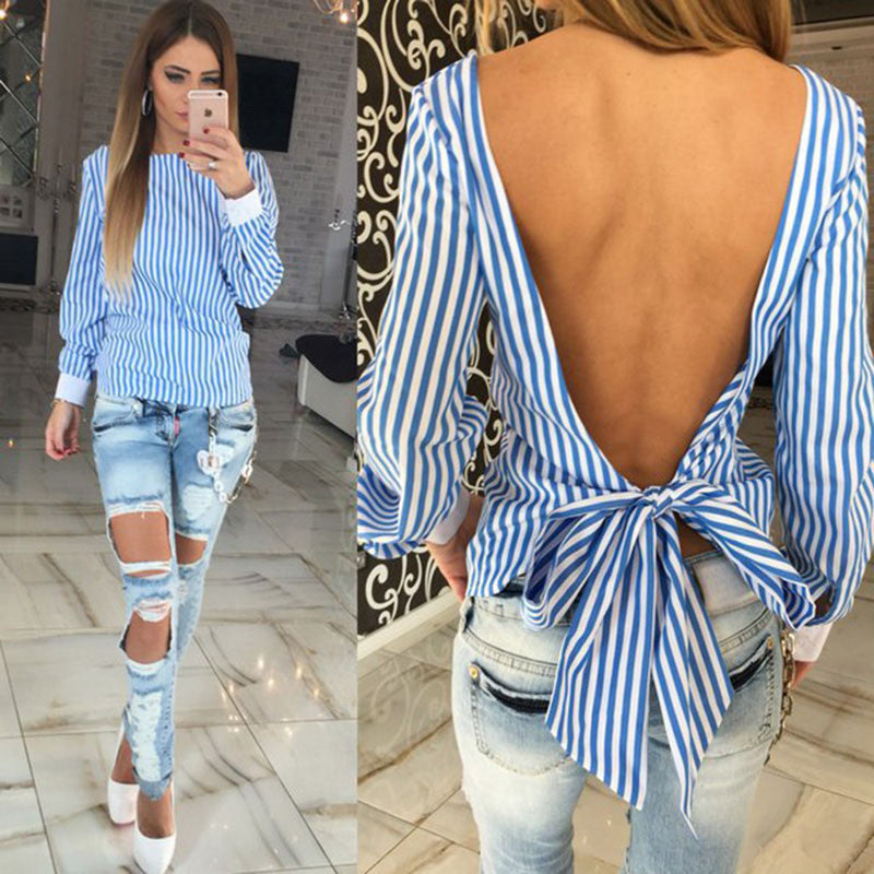 Blue striped long sleeve women blouses Pink backless with Bow ladies sexy shirts