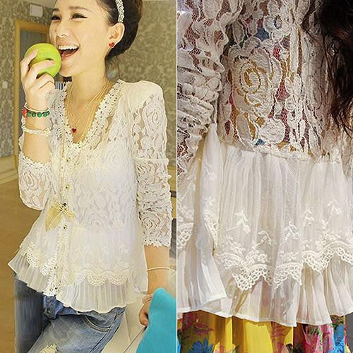 Women Lace Crochet Floral Blouse Shirt Long Sleeve Patchwork Hollow Cardigan