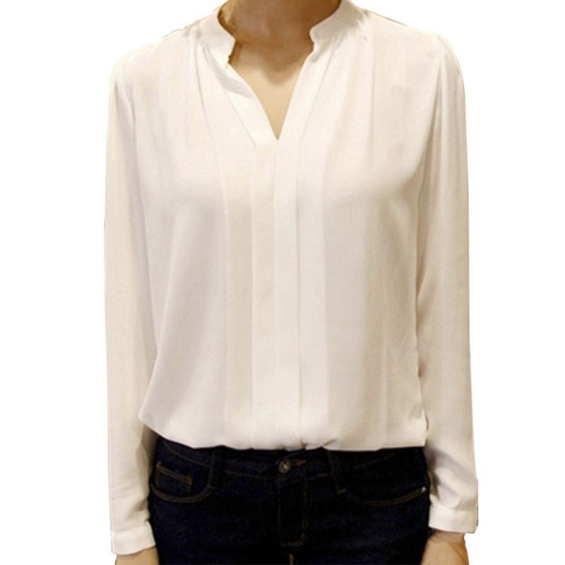 Online discount shop Australia - Casual White Womens Chiffon Blouse Ladies Solid Elegant V-neck Blouses Long Sleeve OL Office Shirt Plus Size