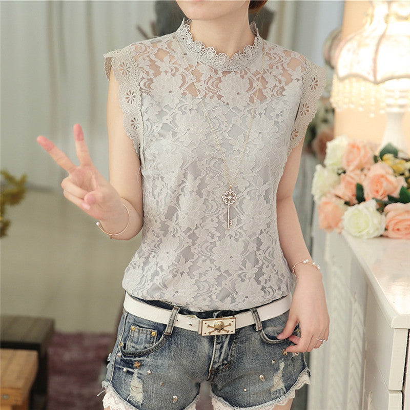 Fashion Loose Sleeveless White Gray Female Blouse Slim Elegant Lace Women Shirt Plus Size