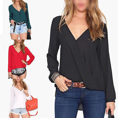 Fashion Elegant Women Girl V-Neck Casual Long Sleeve Loose Blouse Tops