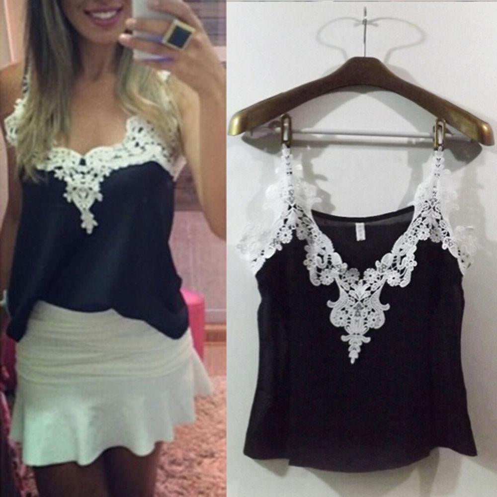 Young Girls Women White Lace Blouse Deep V Vest Shirts Tops