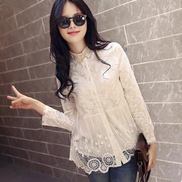 Online discount shop Australia - blouses shirt Fashion long sleeve embroidered lace shirt turn down Collar women lace tops