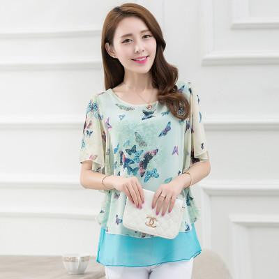 Woman Shirt Print Floral Casual Short Butterfly-sleeve Chiffon Blouse Shirt Women O-Neck Cool Tops Plus Size