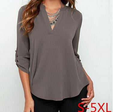 Women Blouses Female Body V Neck Chiffon Women Blouse Casual Long Sleeve OL Style Solid Shirts Tops Plus Size 5XL