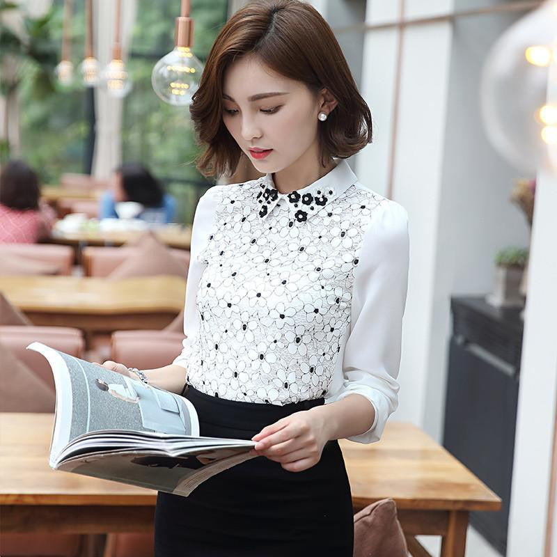 Online discount shop Australia - Style Women Chiffon Blouse White Slim Top for Office Lady Floral Long Sleeved Lace Shirt