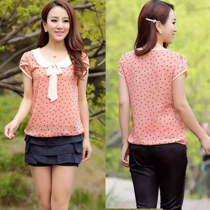 Style Blouse Casual Sweet Women Doll Collar Short Sleeve Tops Polka Dot Chiffon Shirt Blouse Casual Shirt 63