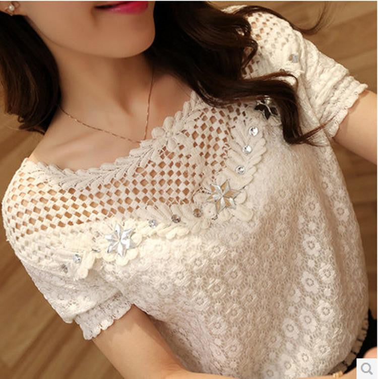 Women Floral Lace Hollow Blouse Ladies Casual O neck Long Sleeve White Shirts Plus Size