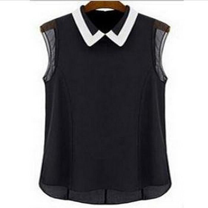 Women Short Sleeve Chiffon Blouse Fashion Casual Sleeveless Patchwork Tulle Blouse Manga